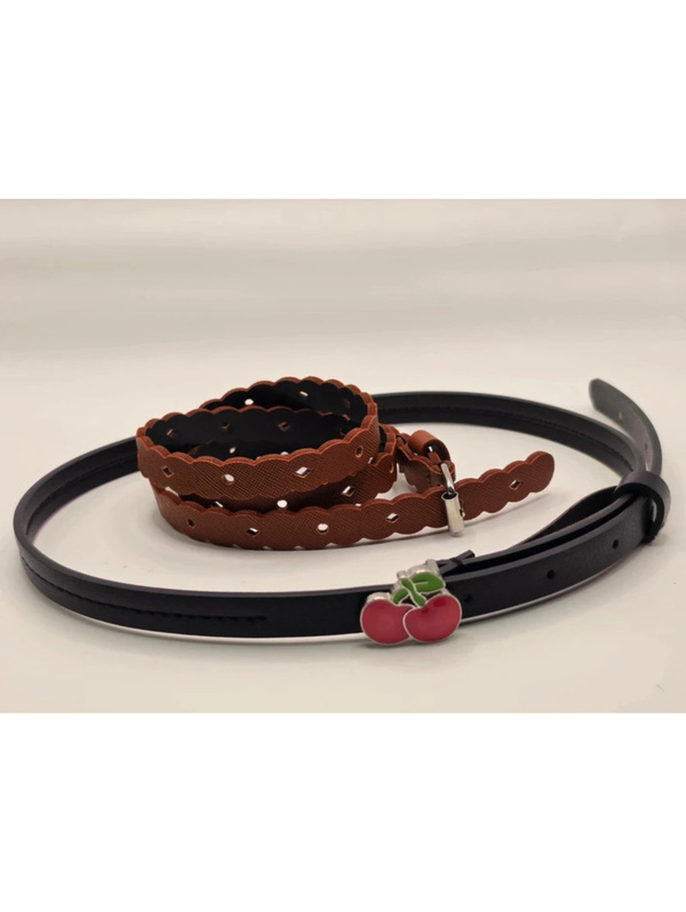 Lot of 2 Womens Skinny Belts Black Cherry Buckle Brown Scalloped Cutout Size S M